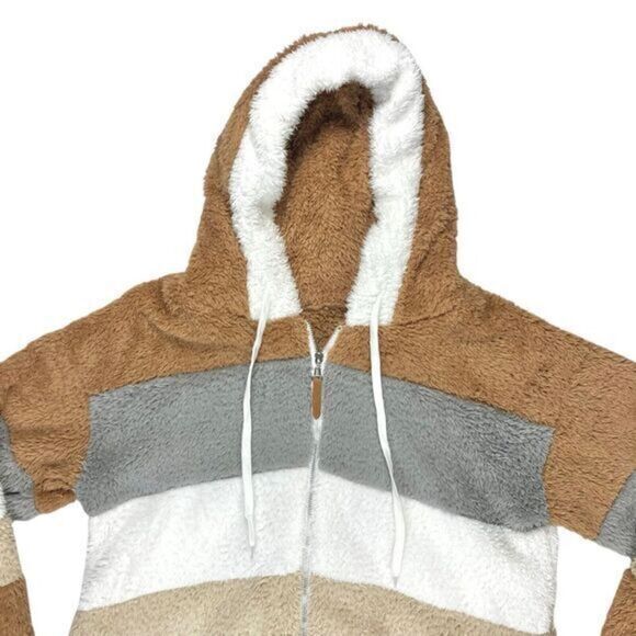 Womens XL Brown/Tan/Gray Stripe Colorblock Zip Front Cuddly Fuzzy Hooded Jacket - Picture 3 of 14